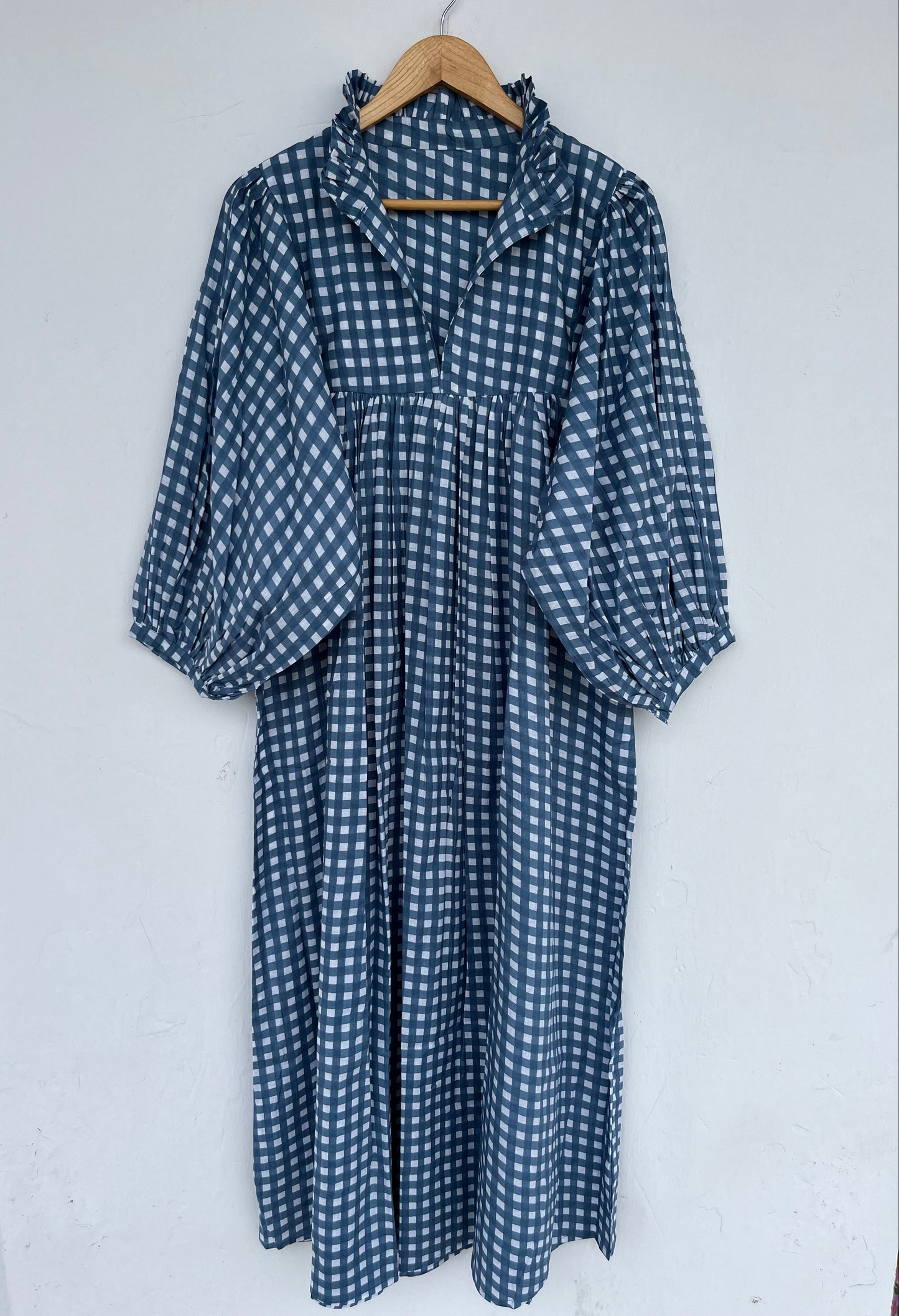 Women’s Blue White Gingham Cotton Dress | Long Sleeve Boho Dress