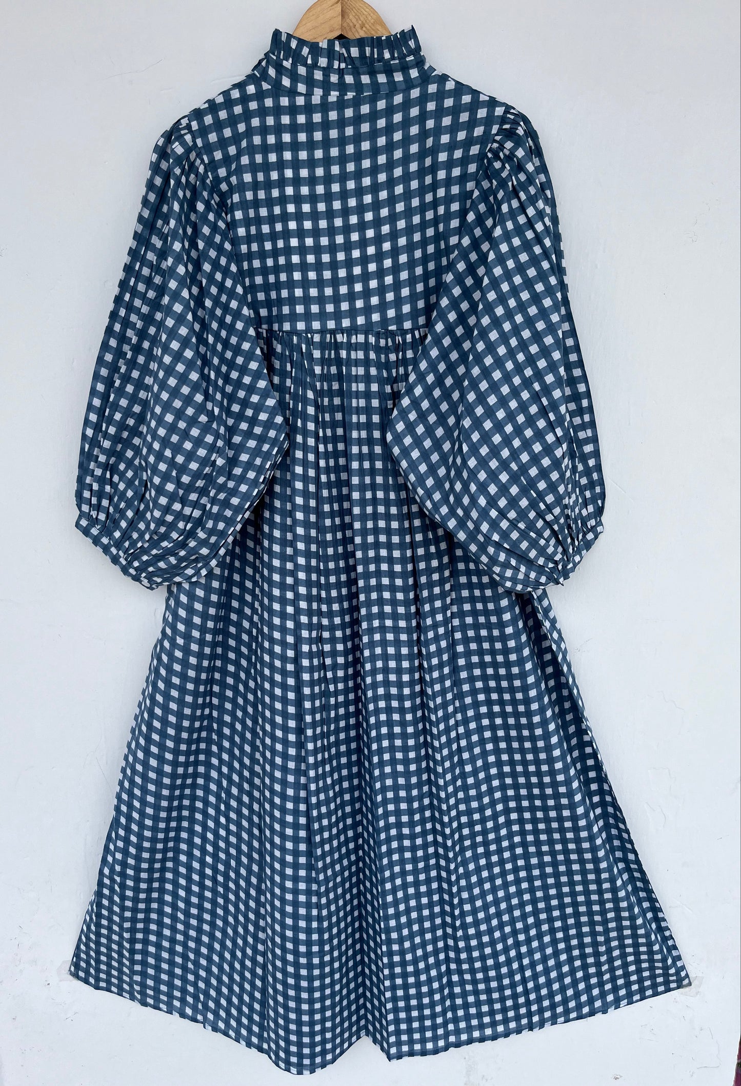 Women’s Blue White Gingham Cotton Dress | Long Sleeve Boho Dress