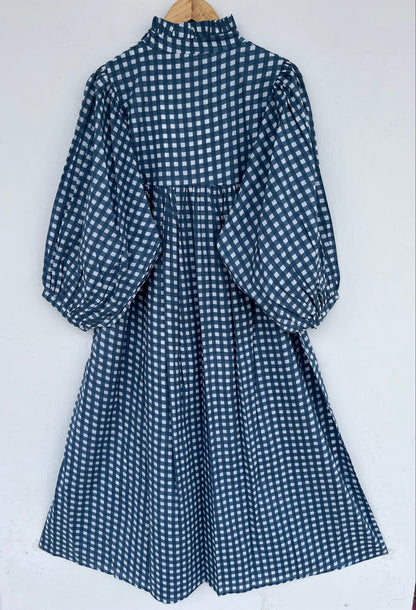 Women’s Blue White Gingham Cotton Dress | Long Sleeve Boho Dress