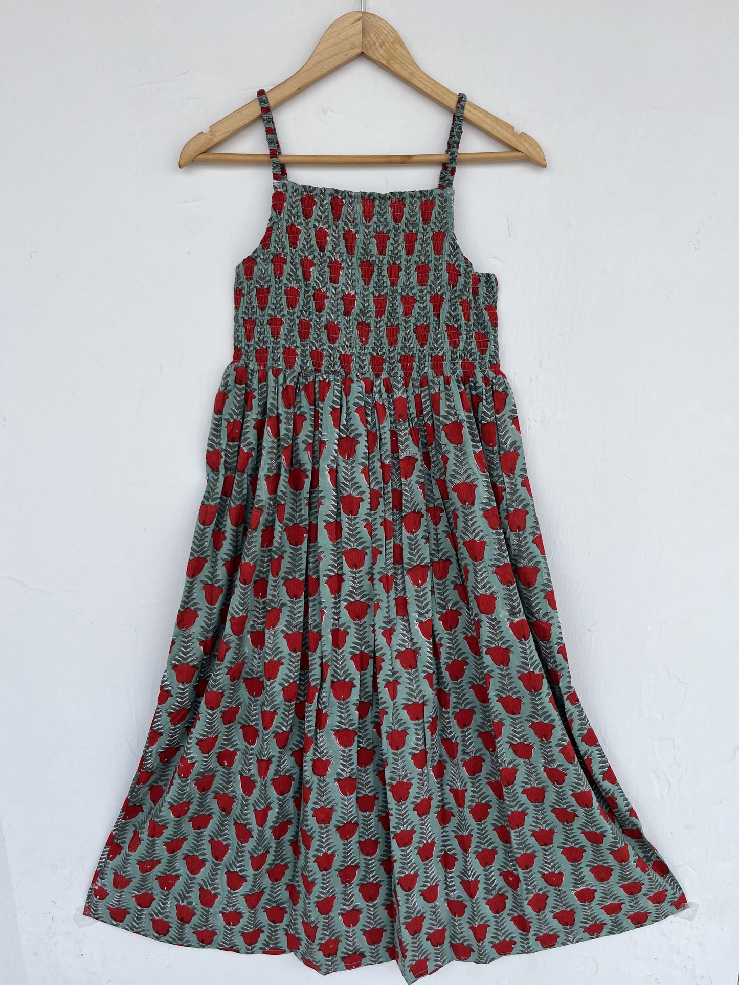 Green Floral Cotton Smocked Sleeveless Boho Summer Dress