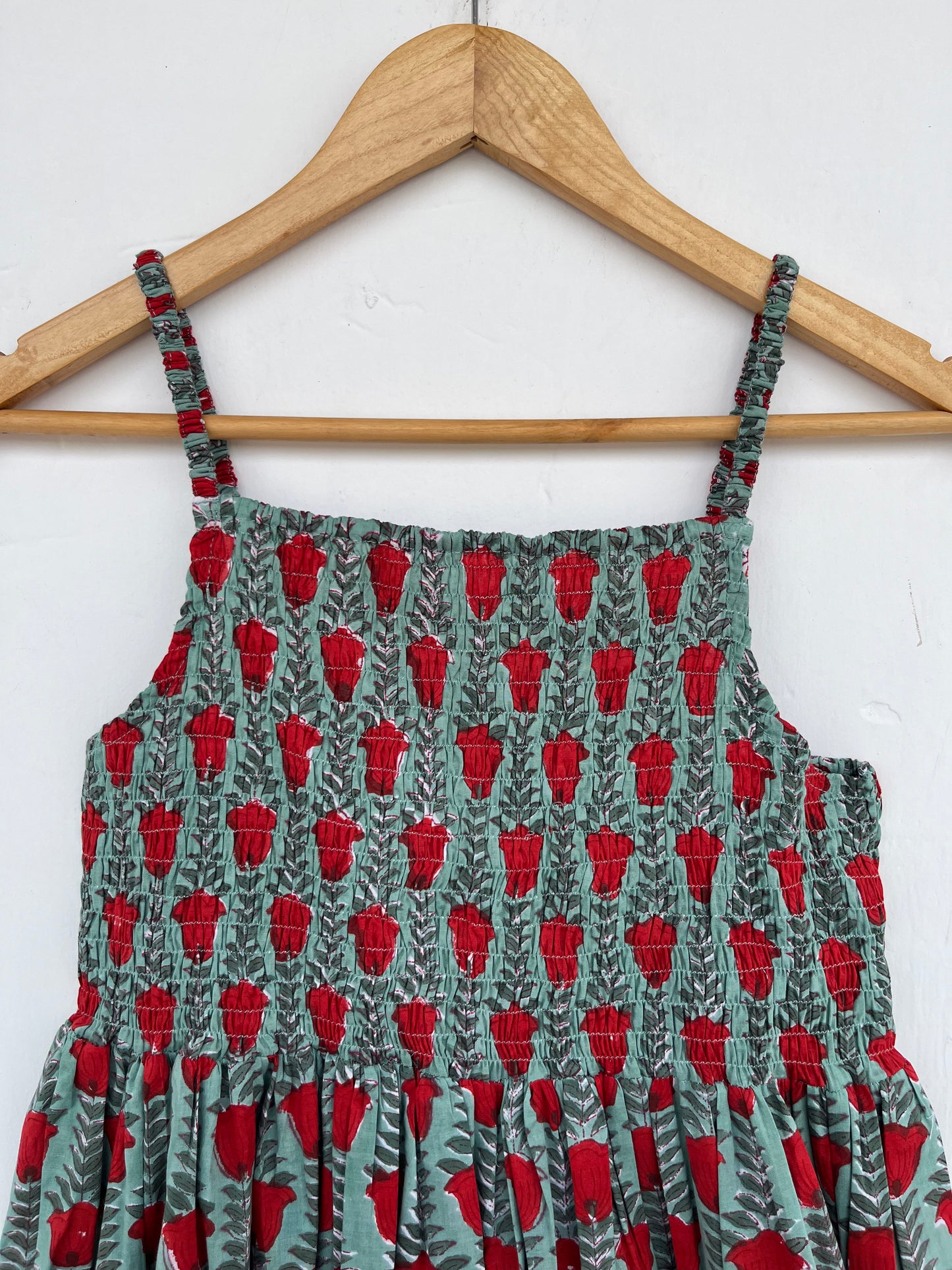 Green Floral Cotton Smocked Sleeveless Boho Summer Dress