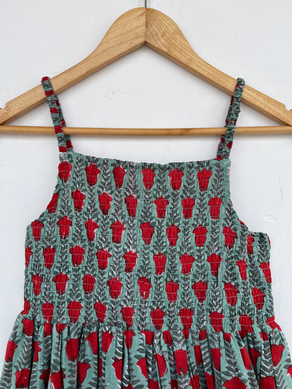 Green Floral Cotton Smocked Sleeveless Boho Summer Dress