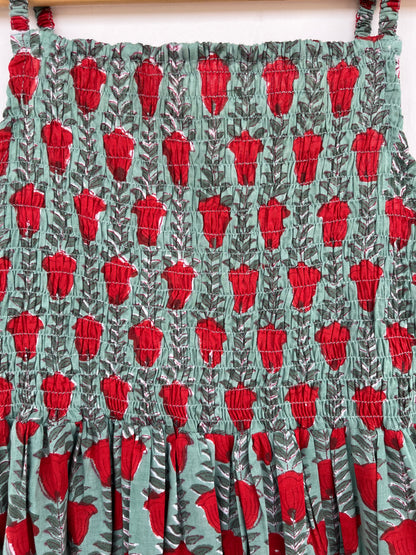 Green Floral Cotton Smocked Sleeveless Boho Summer Dress