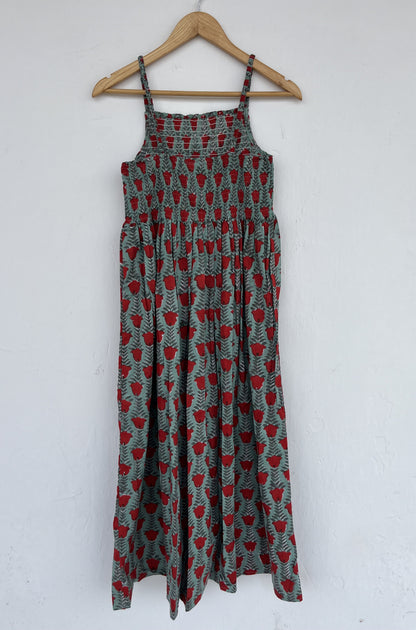 Green Floral Cotton Smocked Sleeveless Boho Summer Dress