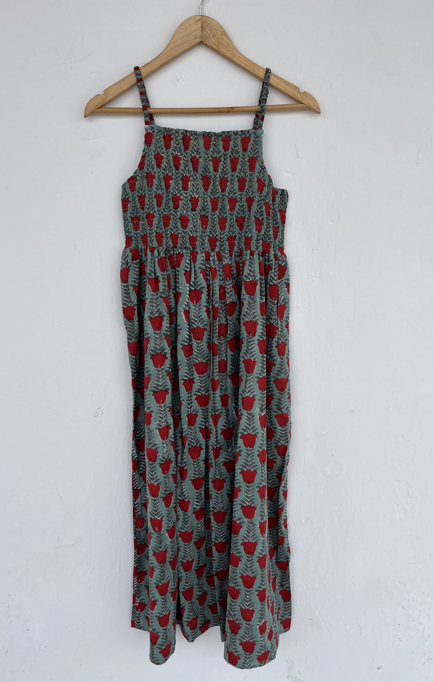 Green Floral Cotton Smocked Sleeveless Boho Summer Dress