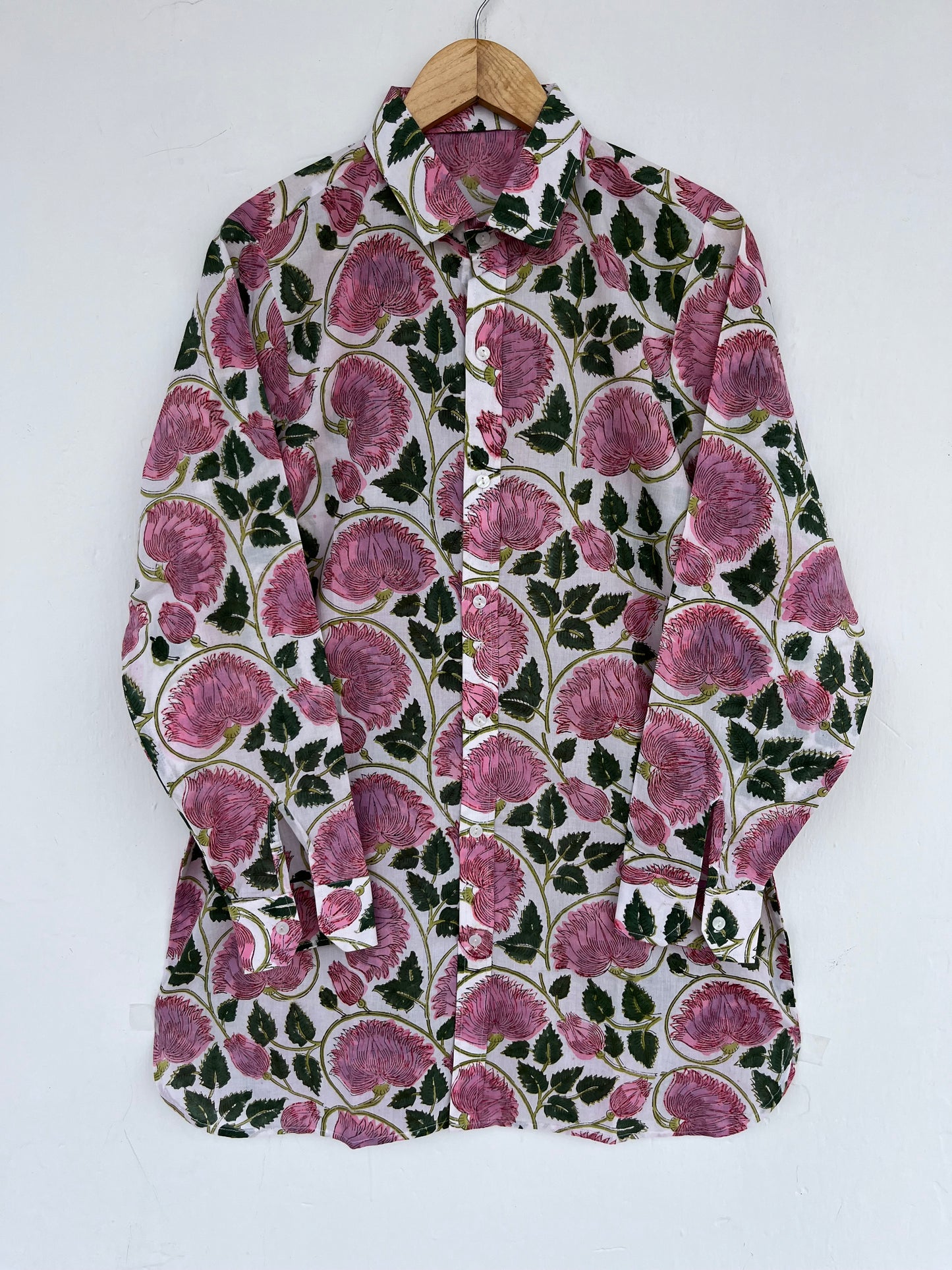 Pink Floral Hand Block Print Cotton Shirt Dress for Women