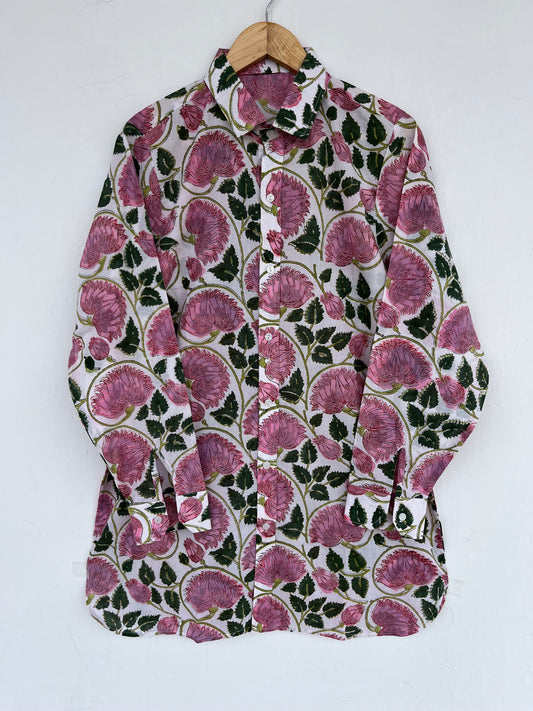 Pink Floral Hand Block Print Cotton Shirt Dress for Women