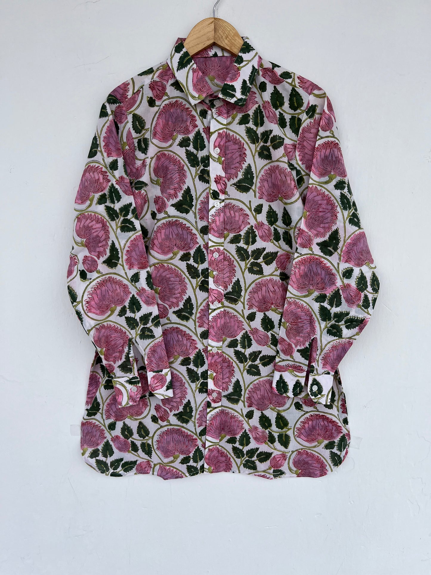 Pink Floral Hand Block Print Cotton Shirt Dress for Women