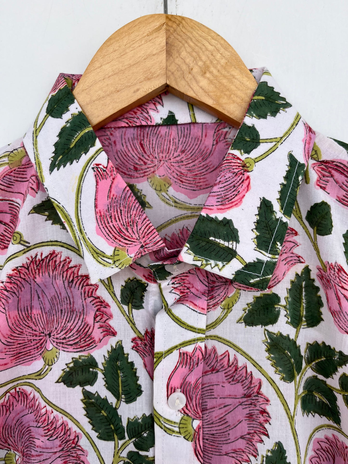 Pink Floral Hand Block Print Cotton Shirt Dress for Women