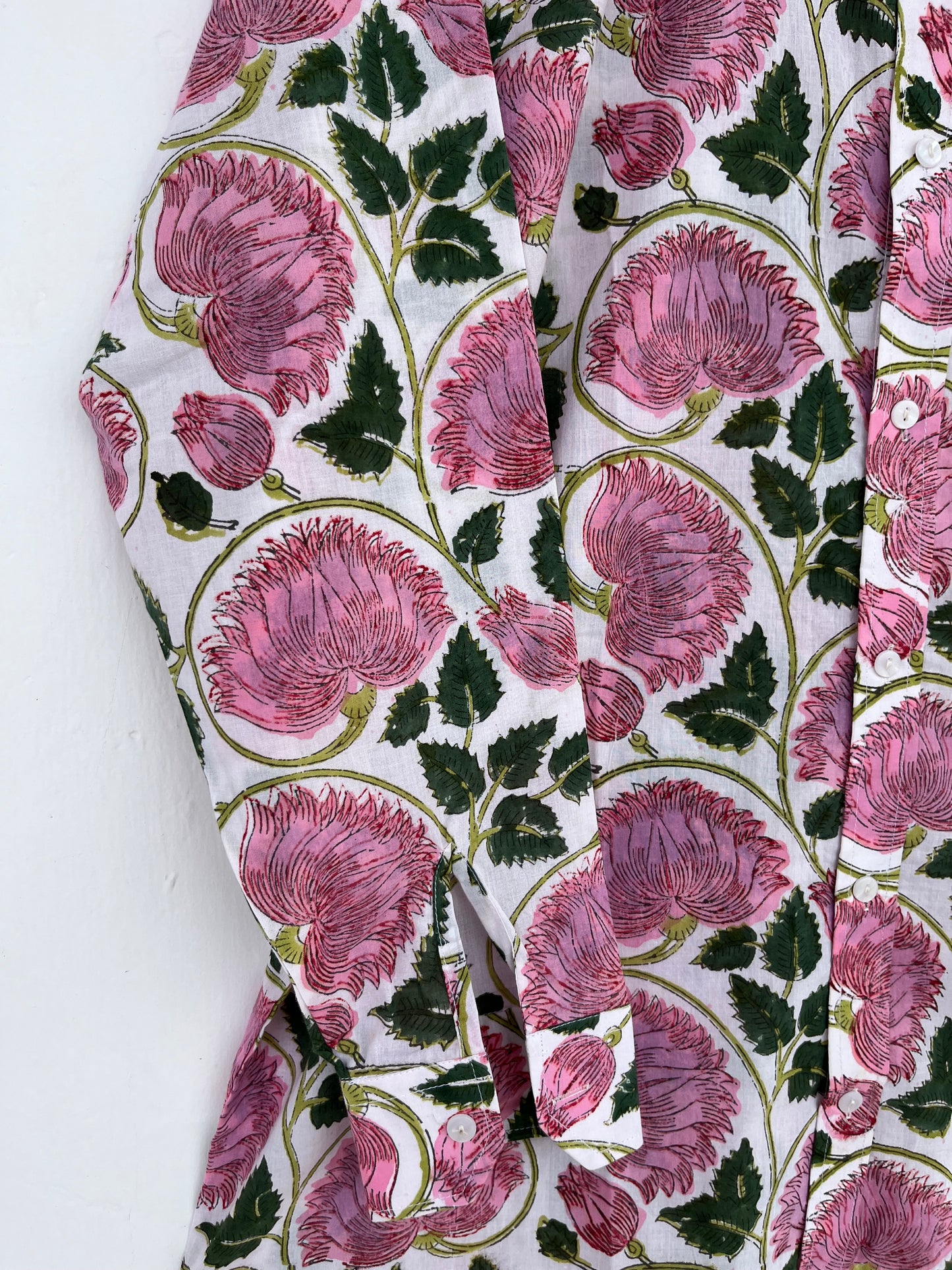 Pink Floral Hand Block Print Cotton Shirt Dress for Women