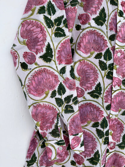 Pink Floral Hand Block Print Cotton Shirt Dress for Women
