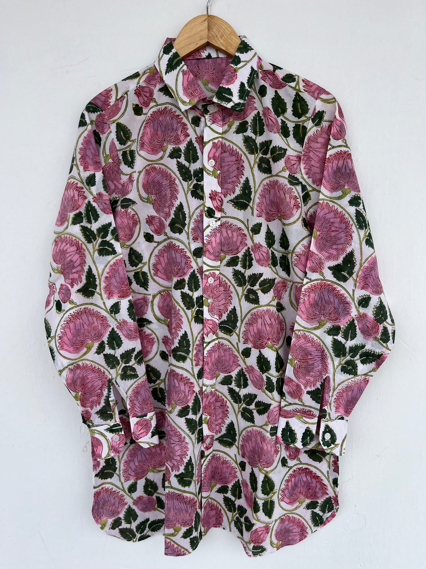 Pink Floral Hand Block Print Cotton Shirt Dress for Women