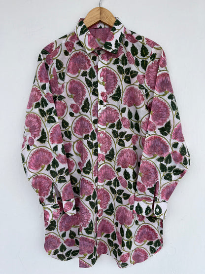 Pink Floral Hand Block Print Cotton Shirt Dress for Women