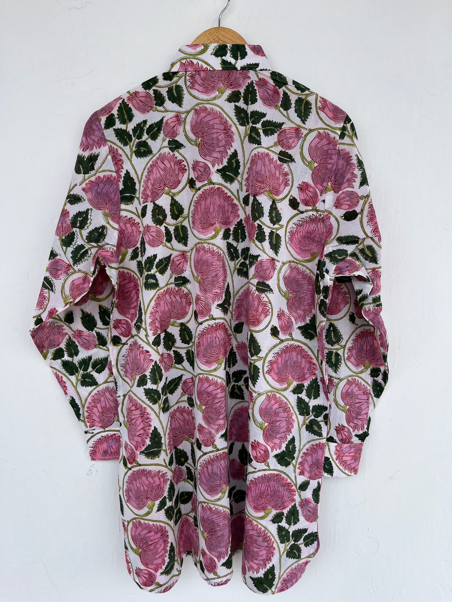 Pink Floral Hand Block Print Cotton Shirt Dress for Women