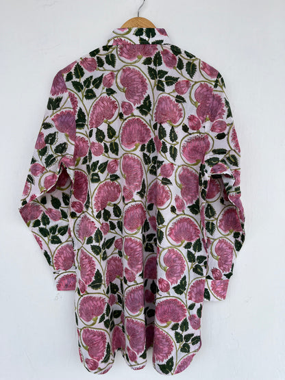 Pink Floral Hand Block Print Cotton Shirt Dress for Women