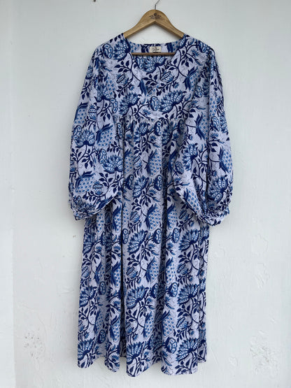 Blue-White Floral Long Maxi Dress, Boho Summer Dress, 100% Cotton Maxi Gown