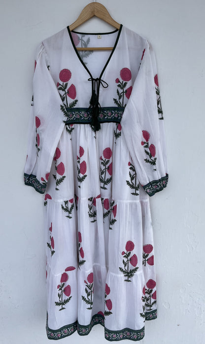 White Floral Cotton Maxi Dress for Women | Boho Handmade Dress