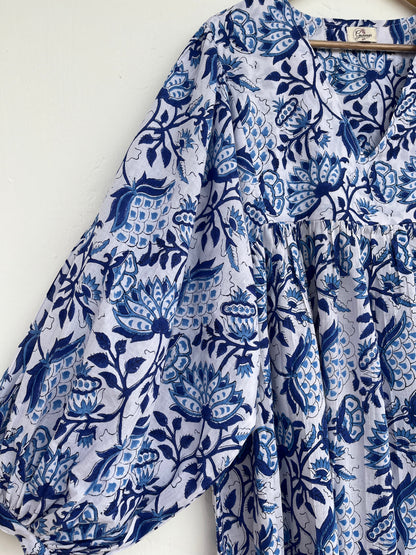 Blue-White Floral Long Maxi Dress, Boho Summer Dress, 100% Cotton Maxi Gown
