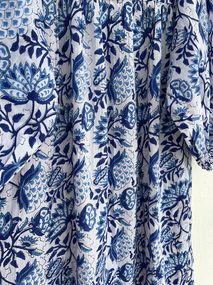Blue-White Floral Long Maxi Dress, Boho Summer Dress, 100% Cotton Maxi Gown