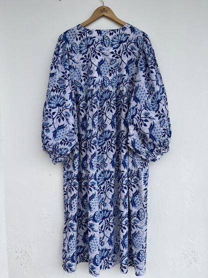 Blue-White Floral Long Maxi Dress, Boho Summer Dress, 100% Cotton Maxi Gown