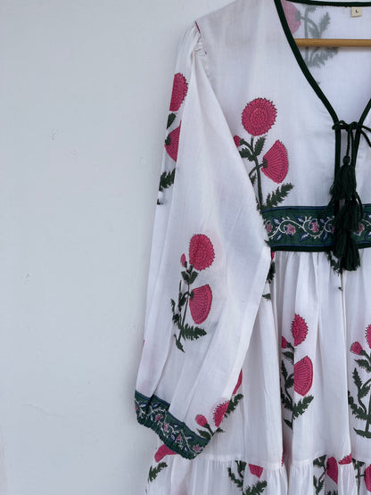 White Floral Cotton Maxi Dress for Women | Boho Handmade Dress