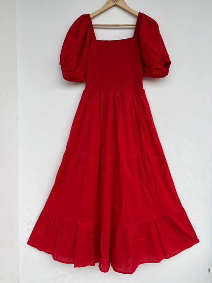 Red Cotton Smocked Maxi Dress, Vintage Bobbin Dress