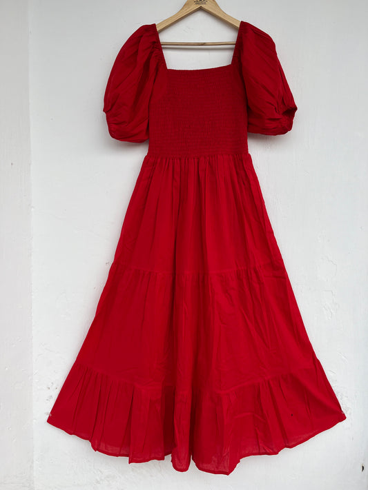 Red Cotton Smocked Maxi Dress, Vintage Bobbin Dress