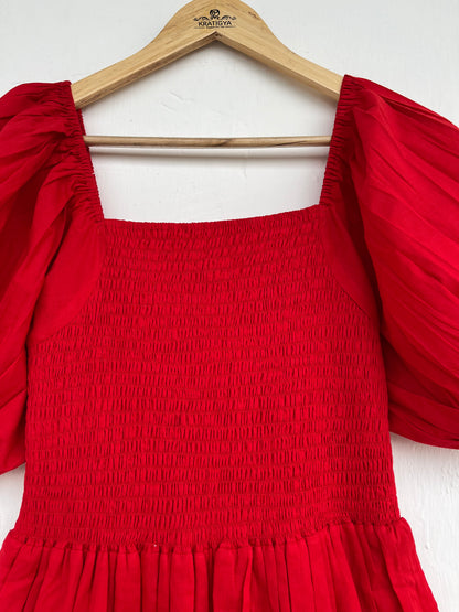 Red Cotton Smocked Maxi Dress, Vintage Bobbin Dress
