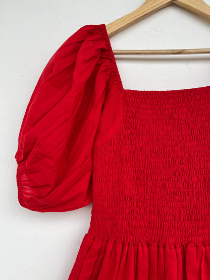 Red Cotton Smocked Maxi Dress, Vintage Bobbin Dress