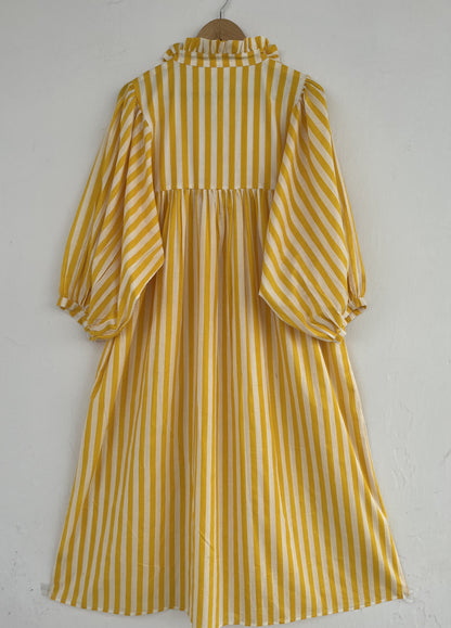 Yellow White Stripe Long Cotton Summer Maxi Dress | Ladies Casual Wear