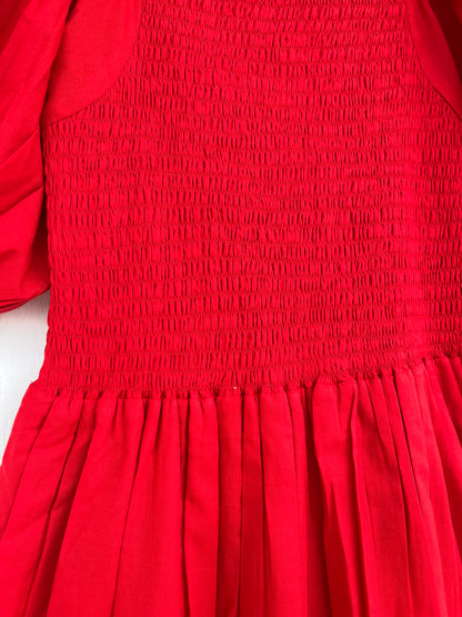Red Cotton Smocked Maxi Dress, Vintage Bobbin Dress