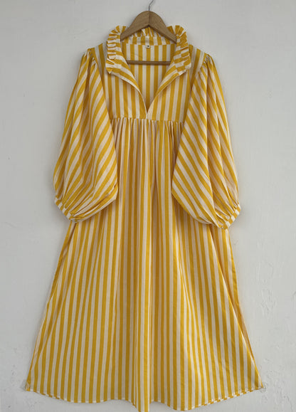 Yellow White Stripe Long Cotton Summer Maxi Dress | Ladies Casual Wear