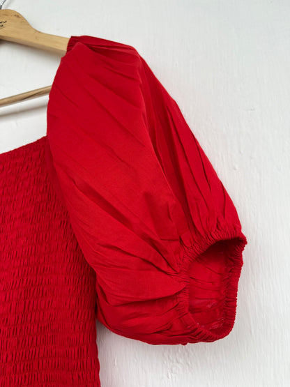 Red Cotton Smocked Maxi Dress, Vintage Bobbin Dress