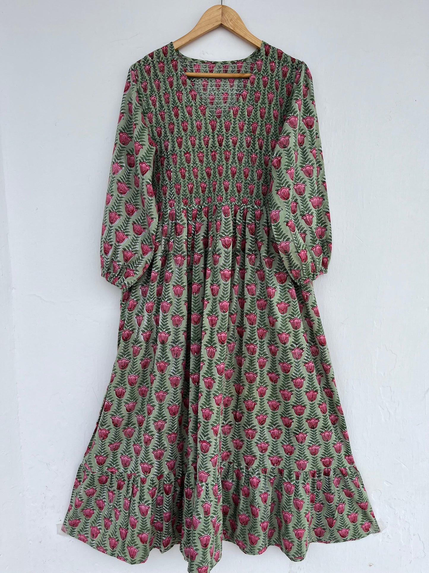 Green Floral V Neck Smocked Cotton Dress | Summer Holiday Dress