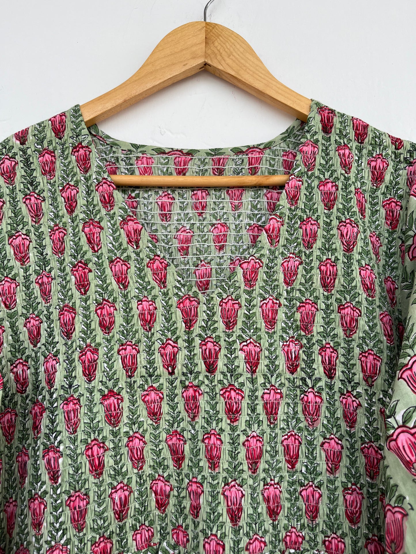 Green Floral V Neck Smocked Cotton Dress | Summer Holiday Dress