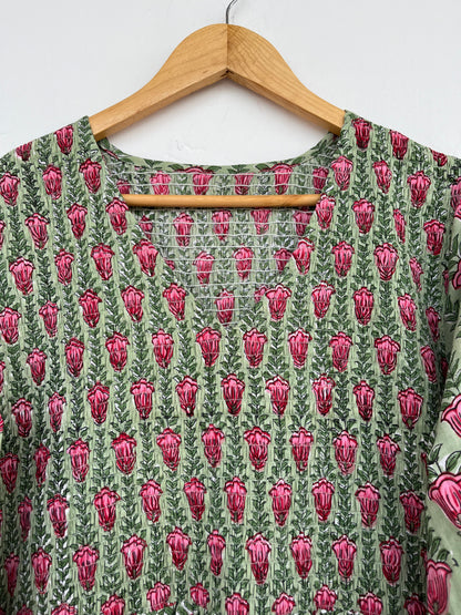 Green Floral V Neck Smocked Cotton Dress | Summer Holiday Dress