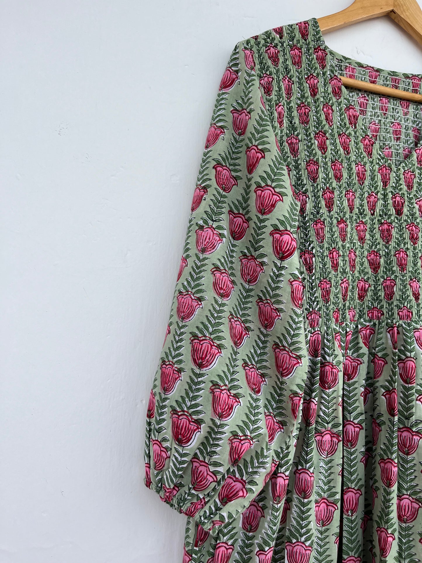 Green Floral V Neck Smocked Cotton Dress | Summer Holiday Dress