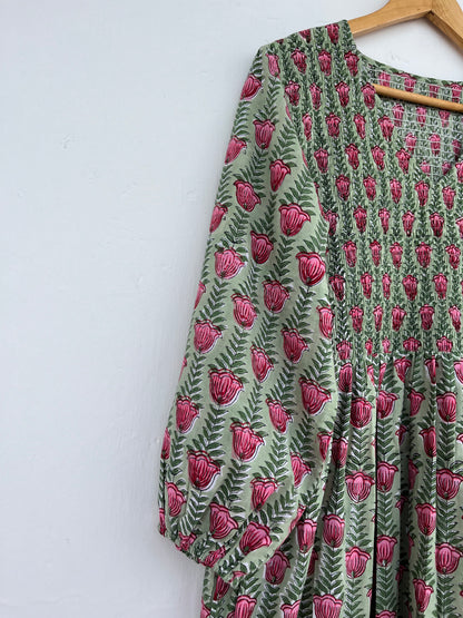 Green Floral V Neck Smocked Cotton Dress | Summer Holiday Dress