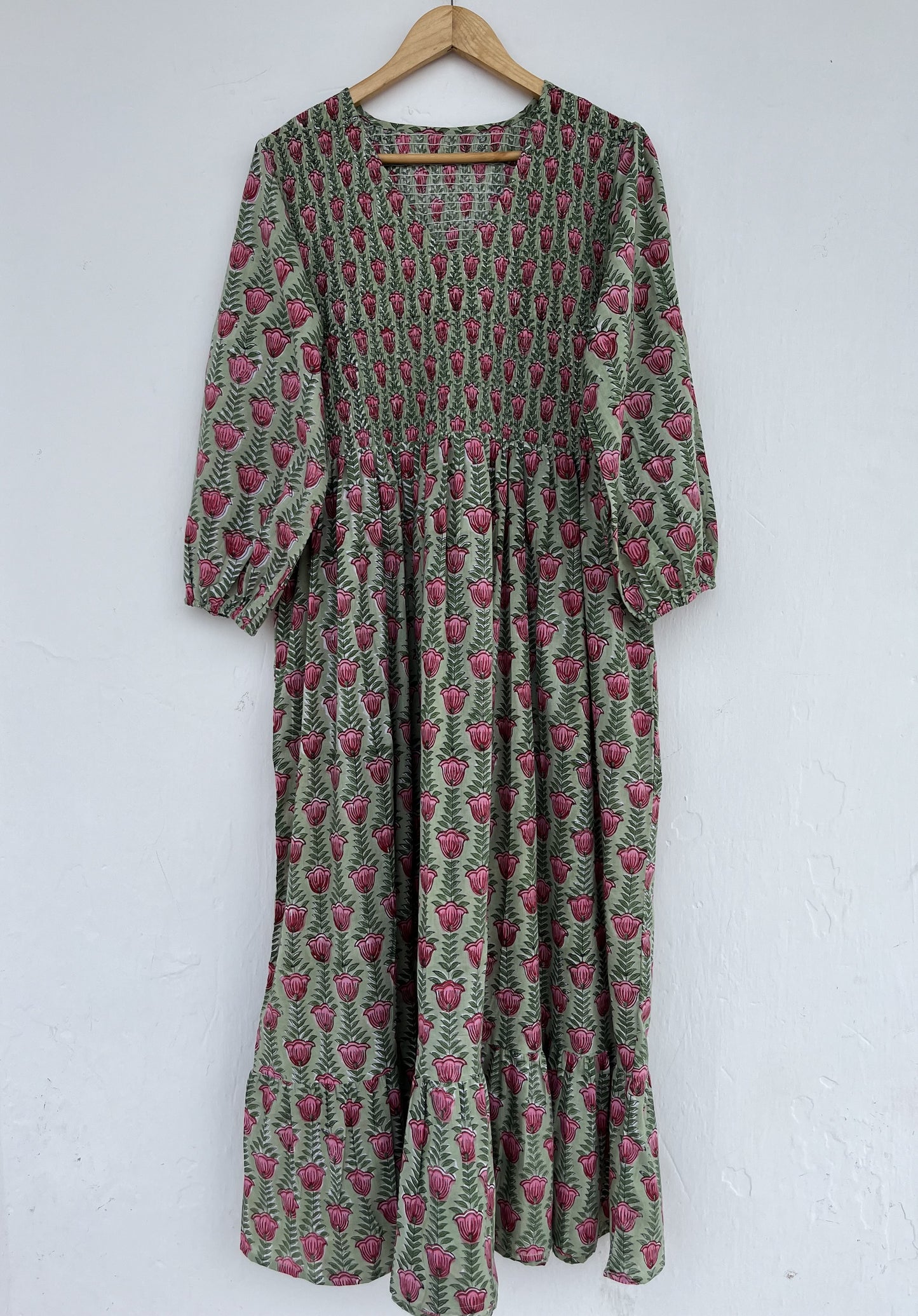 Green Floral V Neck Smocked Cotton Dress | Summer Holiday Dress