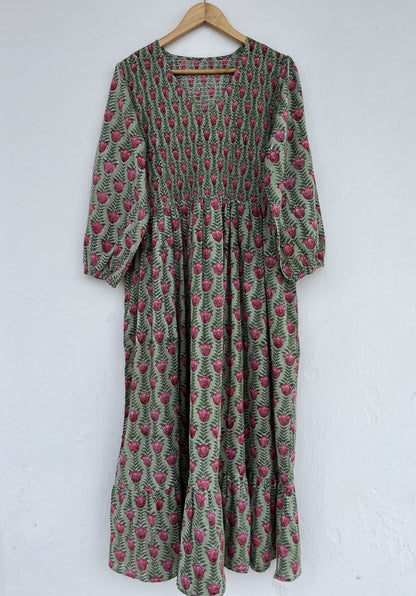 Green Floral V Neck Smocked Cotton Dress | Summer Holiday Dress