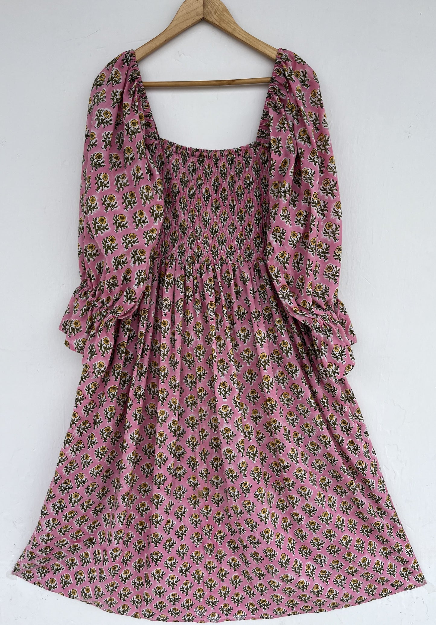 Pink Floral Square Neck Long Cotton Dress | Picnic Vacation Outfit