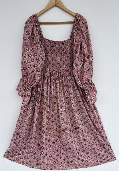 Pink Floral Square Neck Long Cotton Dress | Picnic Vacation Outfit