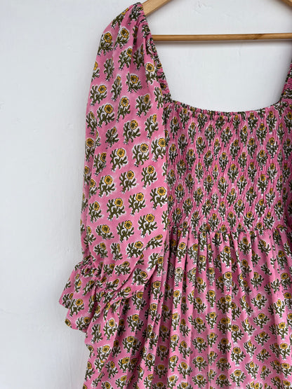 Pink Floral Square Neck Long Cotton Dress | Picnic Vacation Outfit