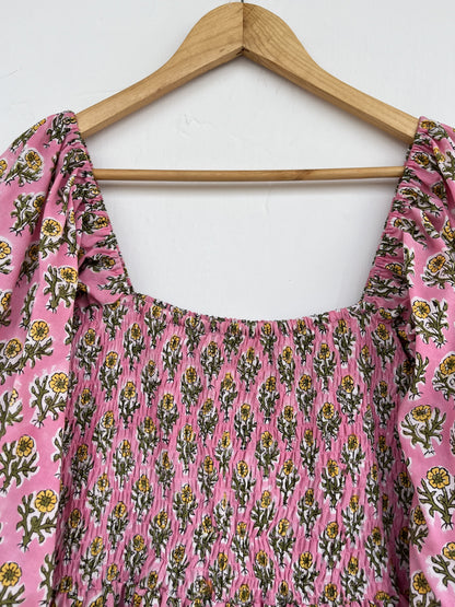 Pink Floral Square Neck Long Cotton Dress | Picnic Vacation Outfit
