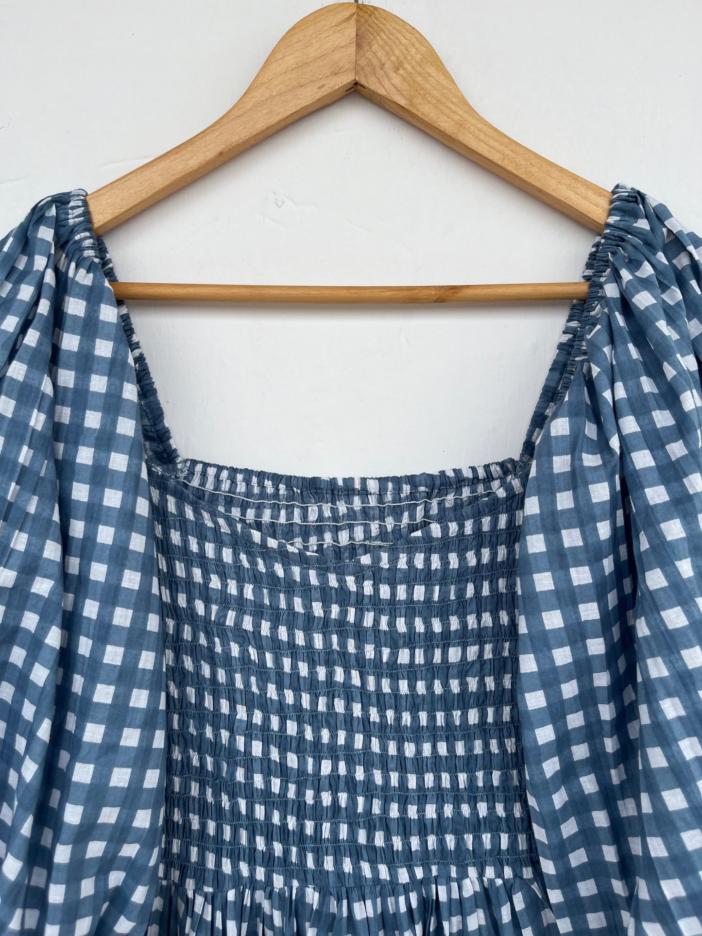 Checkered Blue Cotton Shirred Summer Dress | Women's Boho Casual Wear