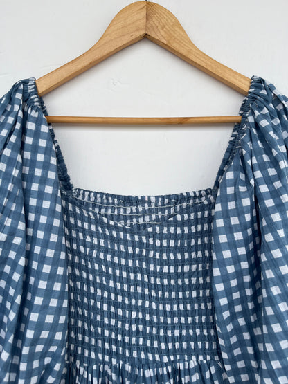 Checkered Blue Cotton Shirred Summer Dress | Women's Boho Casual Wear