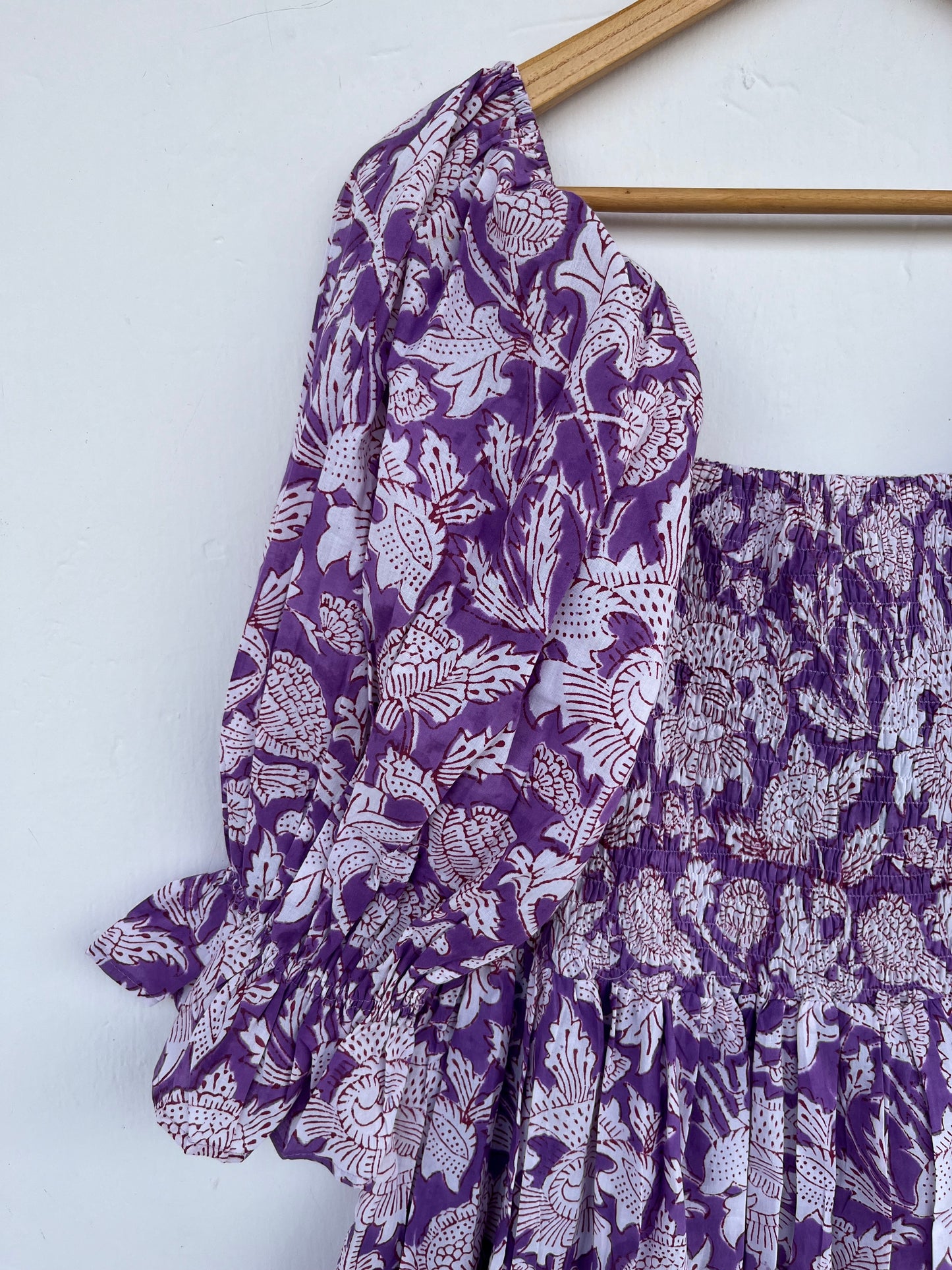 Purple Floral Shirred Cotton Dress | Boho Summer Women Wear