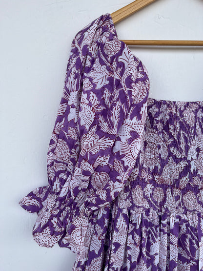 Purple Floral Shirred Cotton Dress | Boho Summer Women Wear
