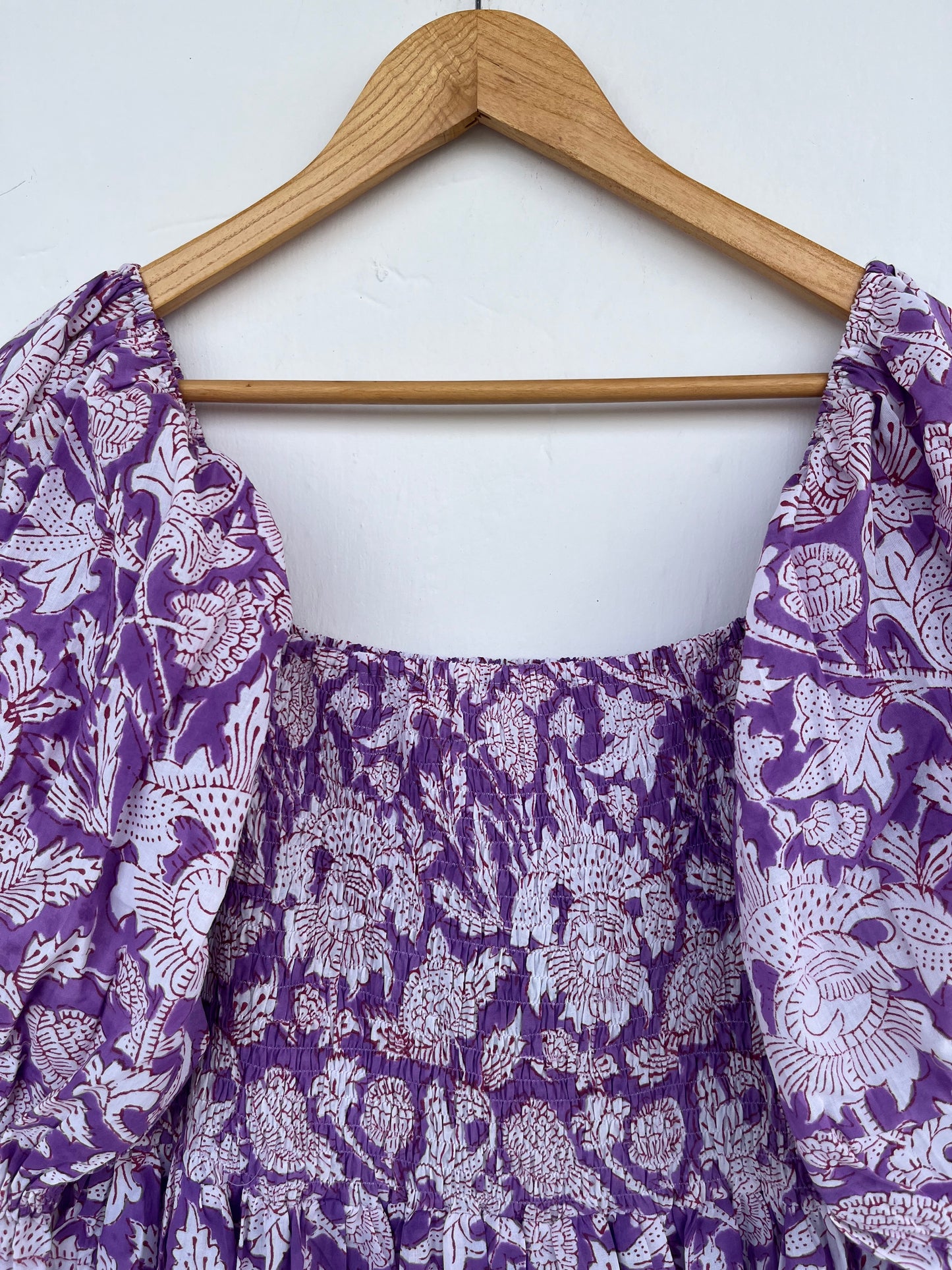 Purple Floral Shirred Cotton Dress | Boho Summer Women Wear