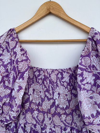 Purple Floral Shirred Cotton Dress | Boho Summer Women Wear